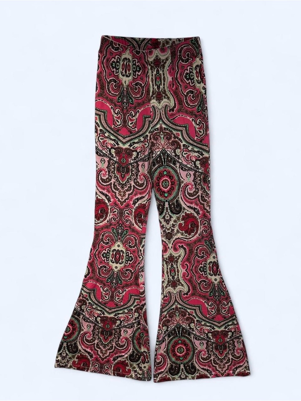 Free People Boho Harper Printed Pull On High Rise Flare Pants Hot Pink Combo XS